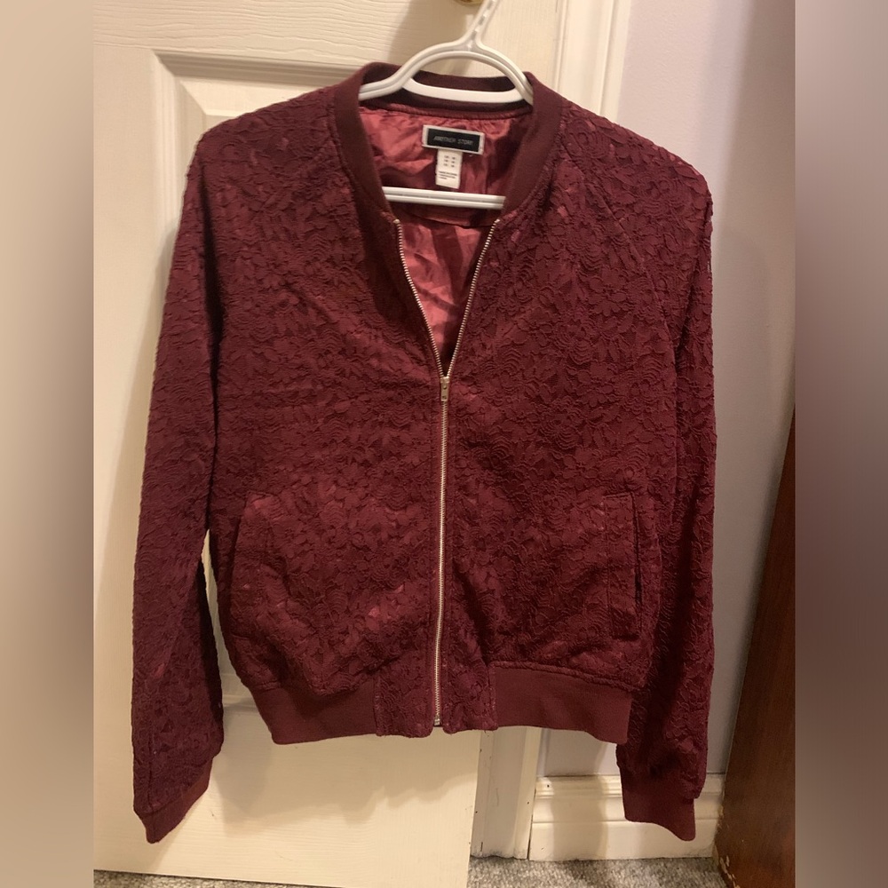 Maroon lace bomber style jacket